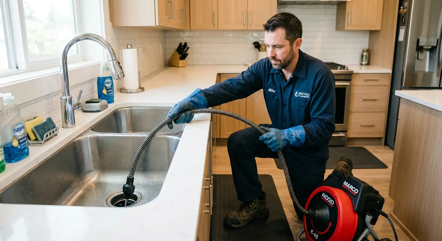 Drain cleaning technician using a motorized snake on a kitchen sink in Port Salerno