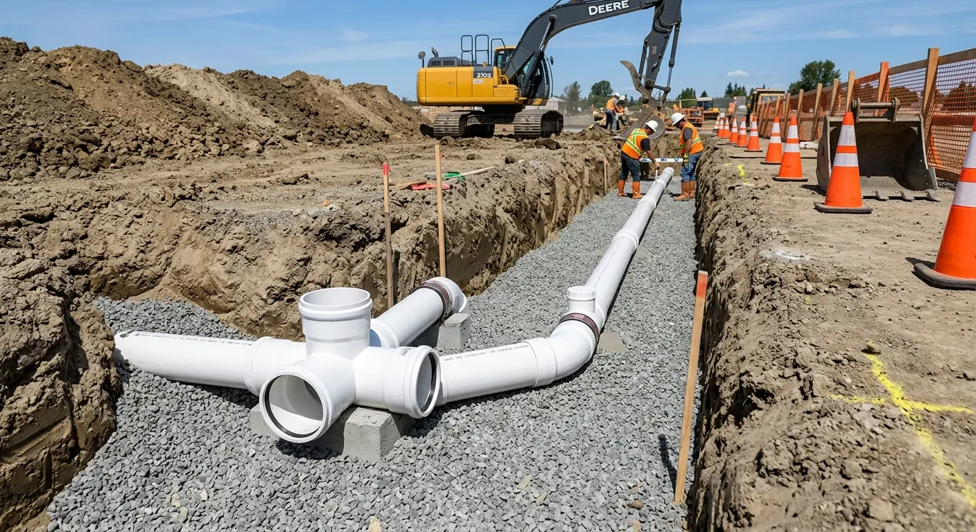 New PVC sewer pipe installation in open trench for Sewer Backup in Port Salerno