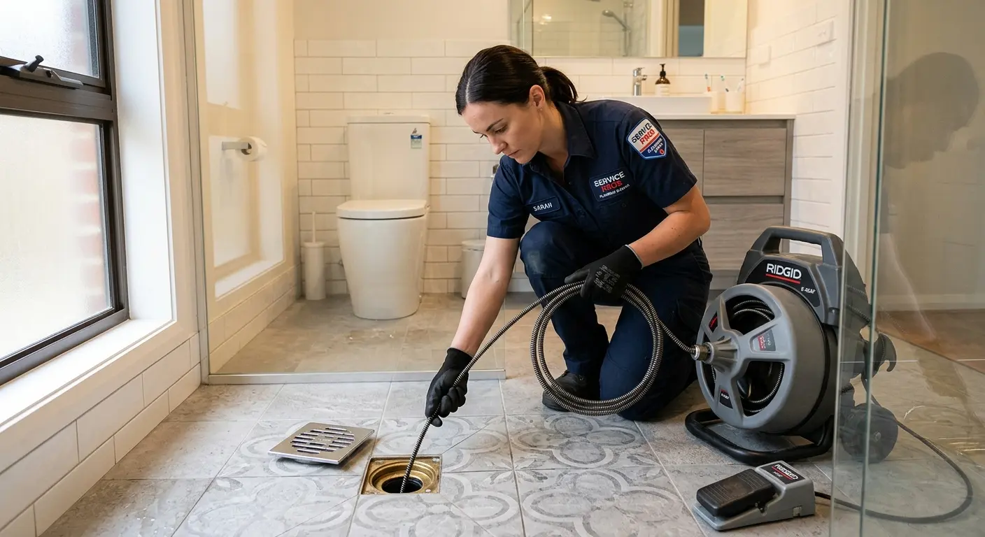 Technician clearing a bathroom floor drain for Hydro Jetting in Port Salerno